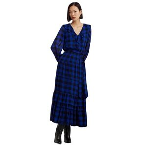 NWT Ralph Lauren Buffalo Check Ruffled Maxi Dress Blue 2P